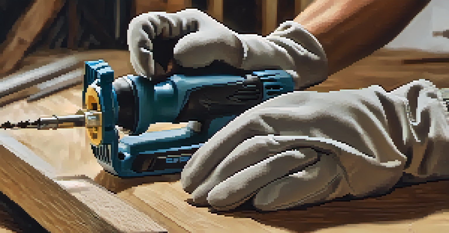 A person in safety gear using a cordless drill on a wooden surface, showcasing hands and tools in action.