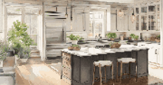 A beautifully renovated kitchen with modern features and warm lighting, filled with plants and decorative items.