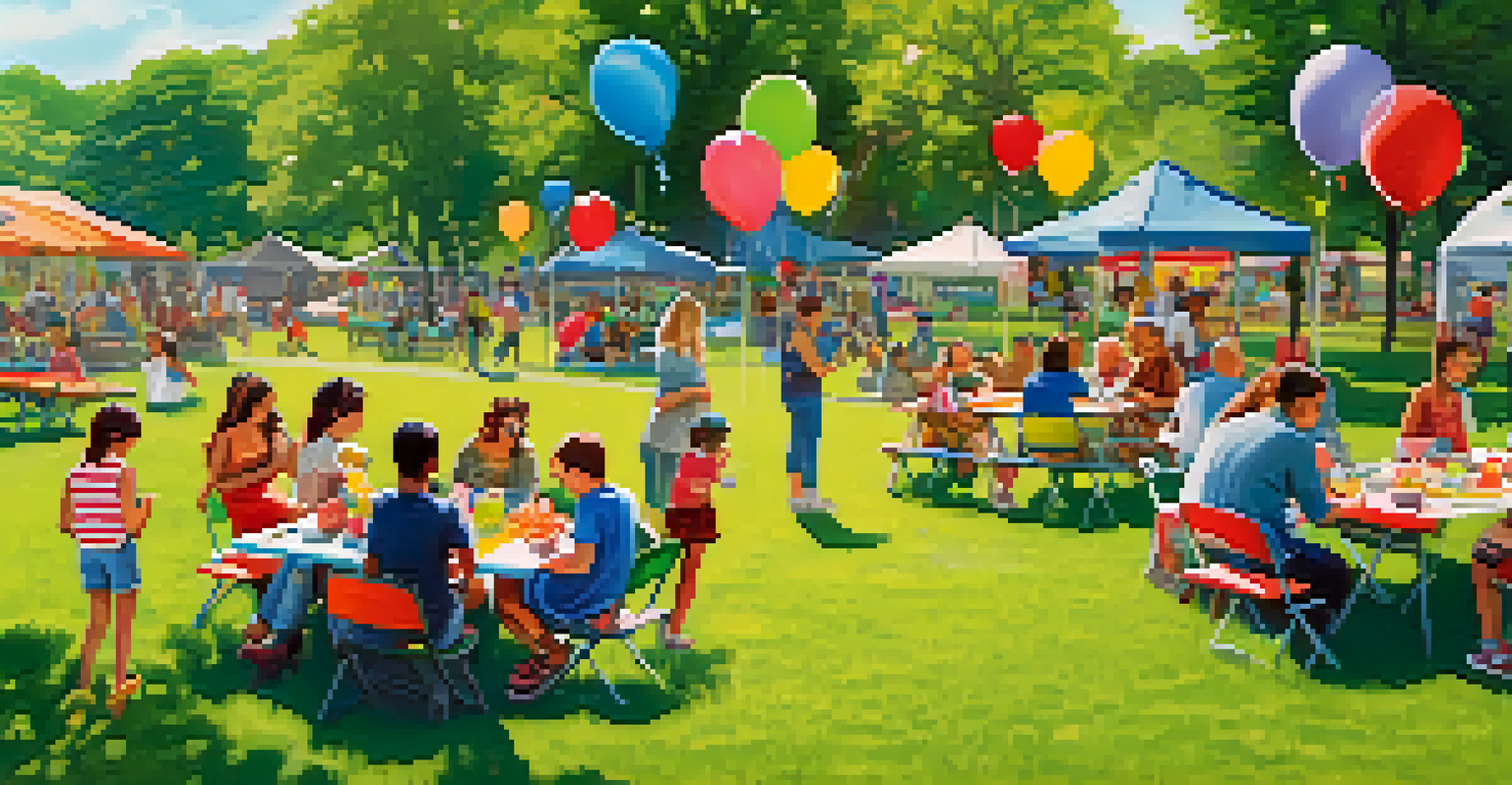 A lively community event in a park with colorful decorations, picnic tables, and people enjoying the sunny weather.