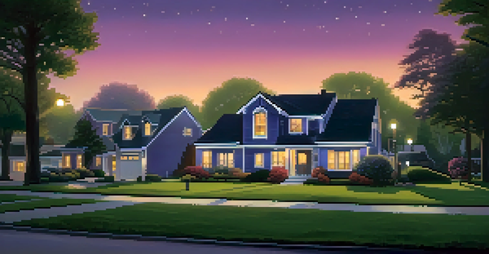 A peaceful suburban neighborhood at dusk with homes and a 'For Sale' sign.