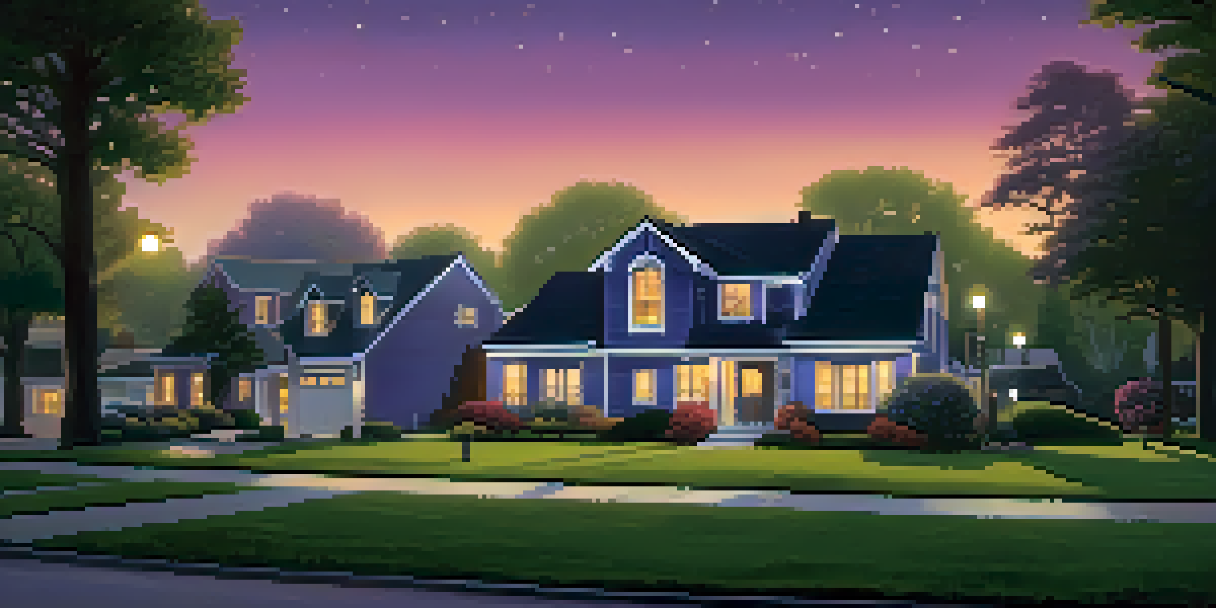 A peaceful suburban neighborhood at dusk with homes and a 'For Sale' sign.