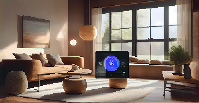 A cozy living room featuring a smart thermostat, warm sunlight, and stylish furniture.