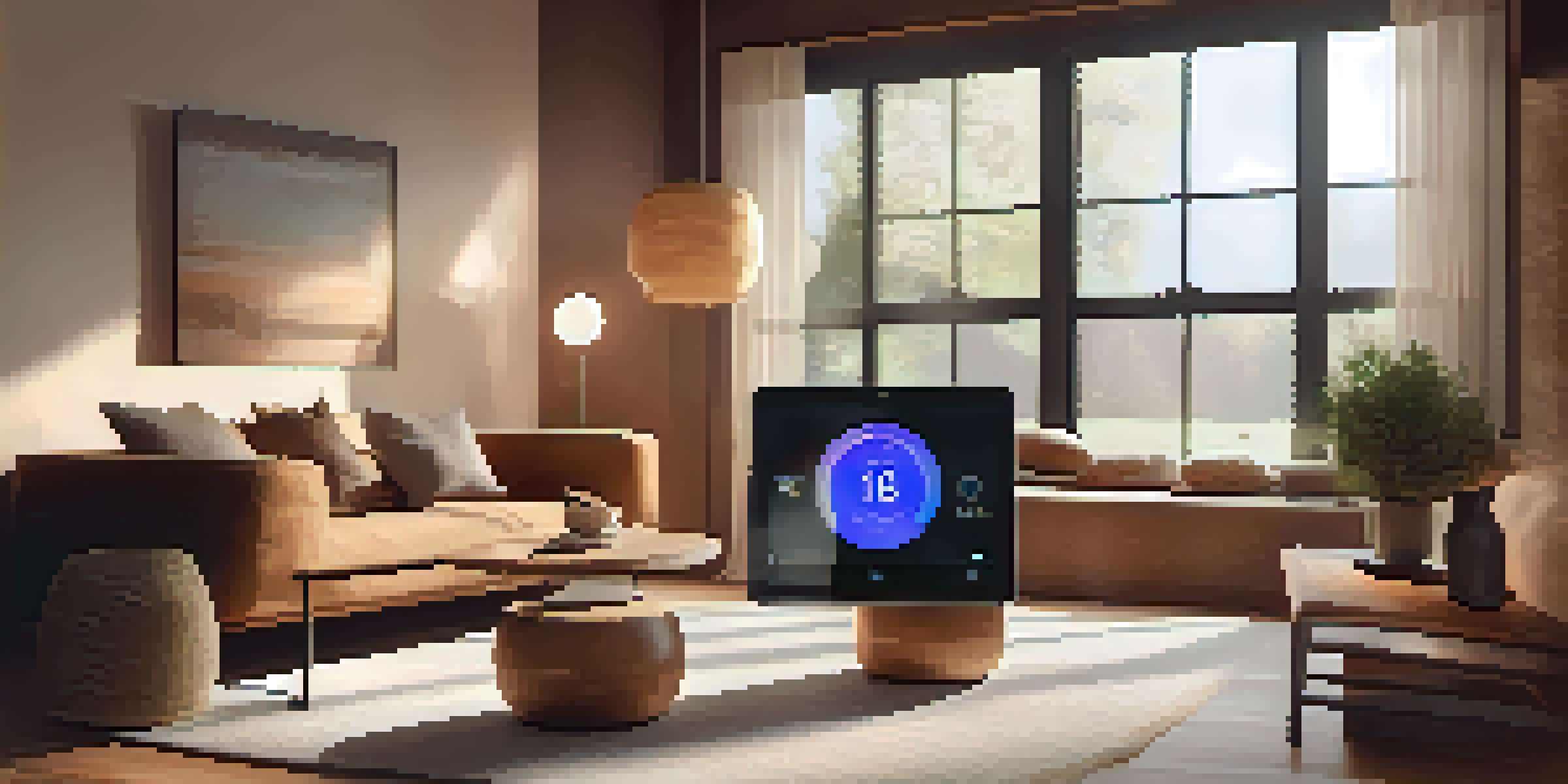 A cozy living room featuring a smart thermostat, warm sunlight, and stylish furniture.