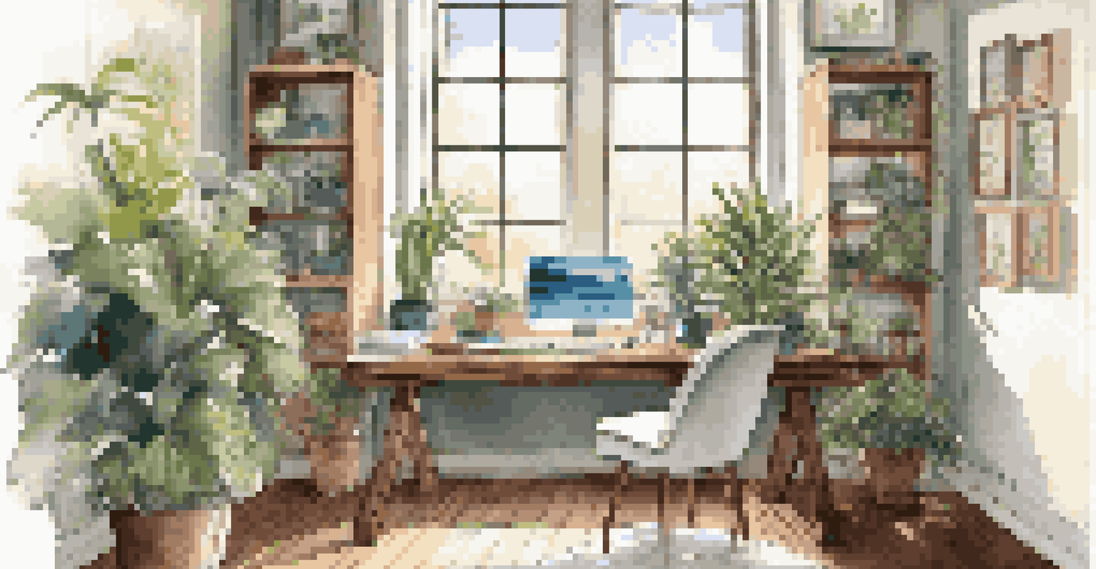 A home office with a reclaimed wood desk, ergonomic chair, and bright sunlight streaming through a large window, decorated with plants and artwork.