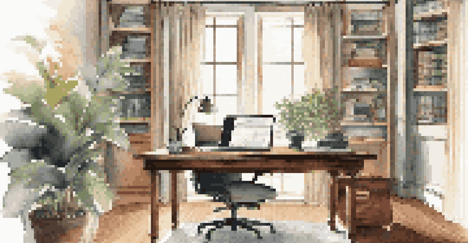 A stylish home office with a wooden desk, laptop, indoor plant, and natural light coming through a window.