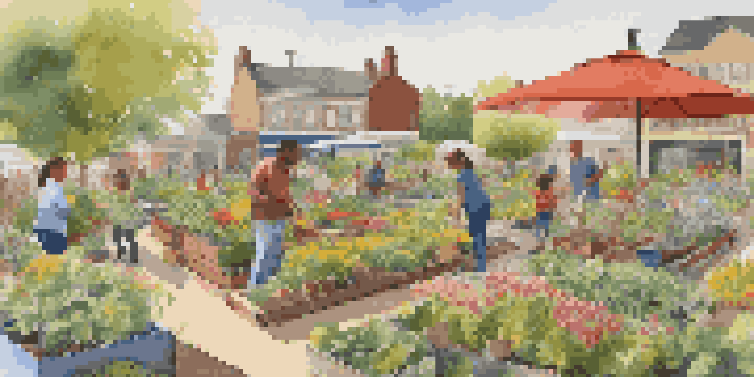 A diverse group of people working in a colorful community garden with flowers and vegetables under bright sunlight.