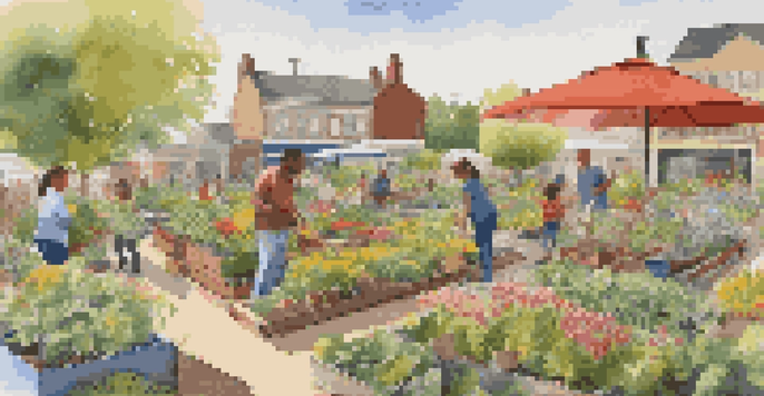 A diverse group of people working in a colorful community garden with flowers and vegetables under bright sunlight.