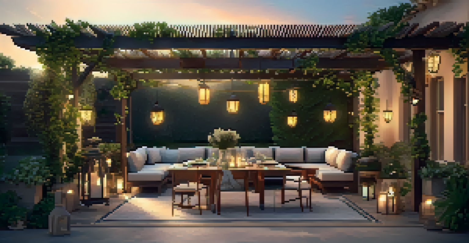 An outdoor patio with a dining set under a pergola, decorated with vines, soft cushions, and lanterns, during sunset.