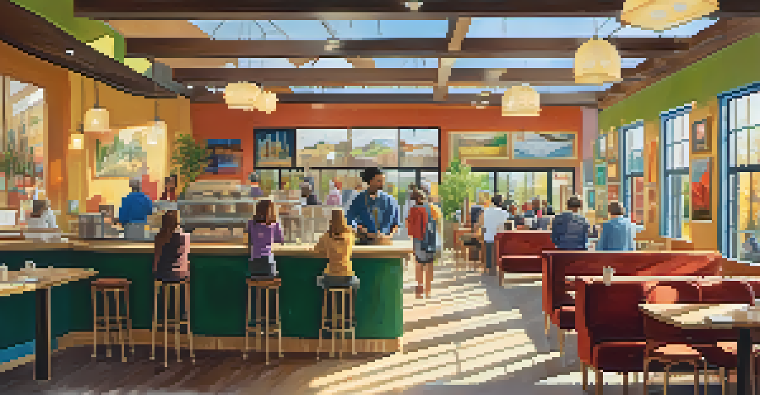 A cultural center with an art gallery, theater, and café, filled with sunlight and lively visitors.