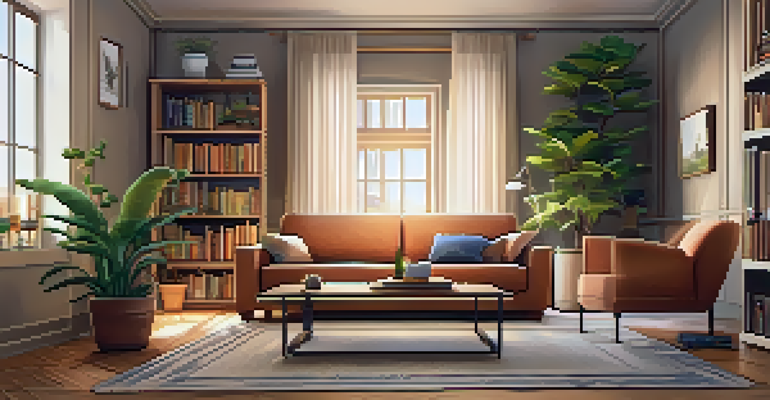 A cozy living room with warm colors, comfortable furniture, and soft lighting.