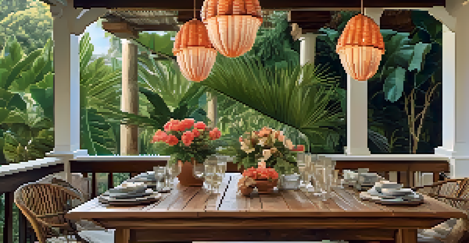 An outdoor dining area with a wooden table, seashell centerpiece, and surrounded by tropical plants and lanterns.