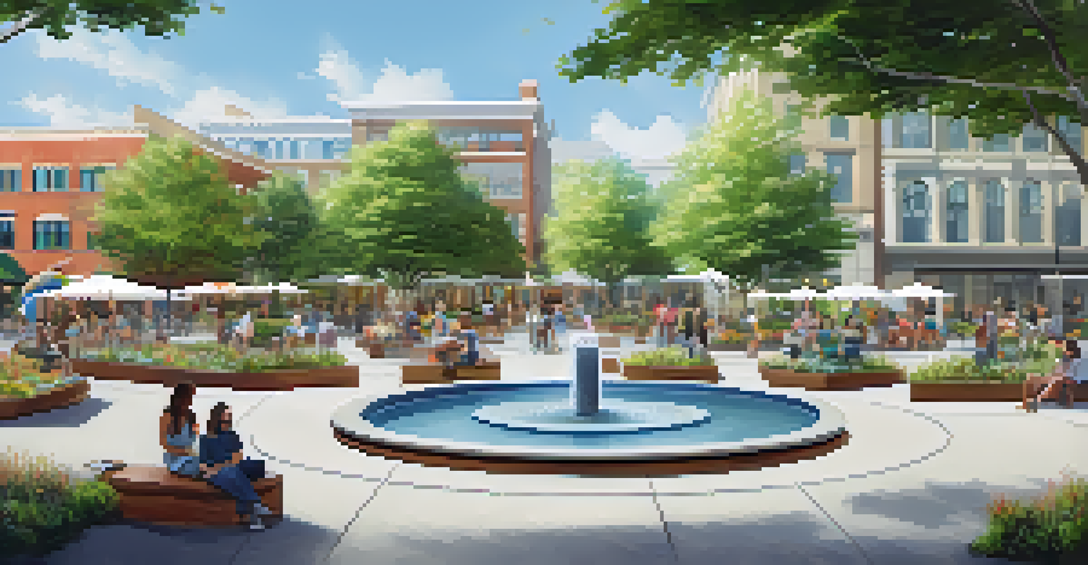 A lively public plaza with seating, art installations, and a stage, surrounded by greenery and a water feature, filled with people enjoying the space.