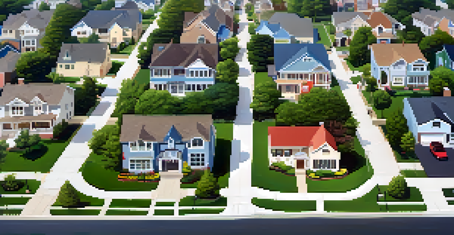 An aerial view of homes with 'For Sale' signs in a desirable school district, displaying manicured lawns and diverse architecture.