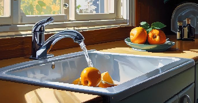 A close-up of a kitchen sink with a shiny faucet and a small drip of water, surrounded by a tidy kitchen with wooden cabinets and fruits on the counter.