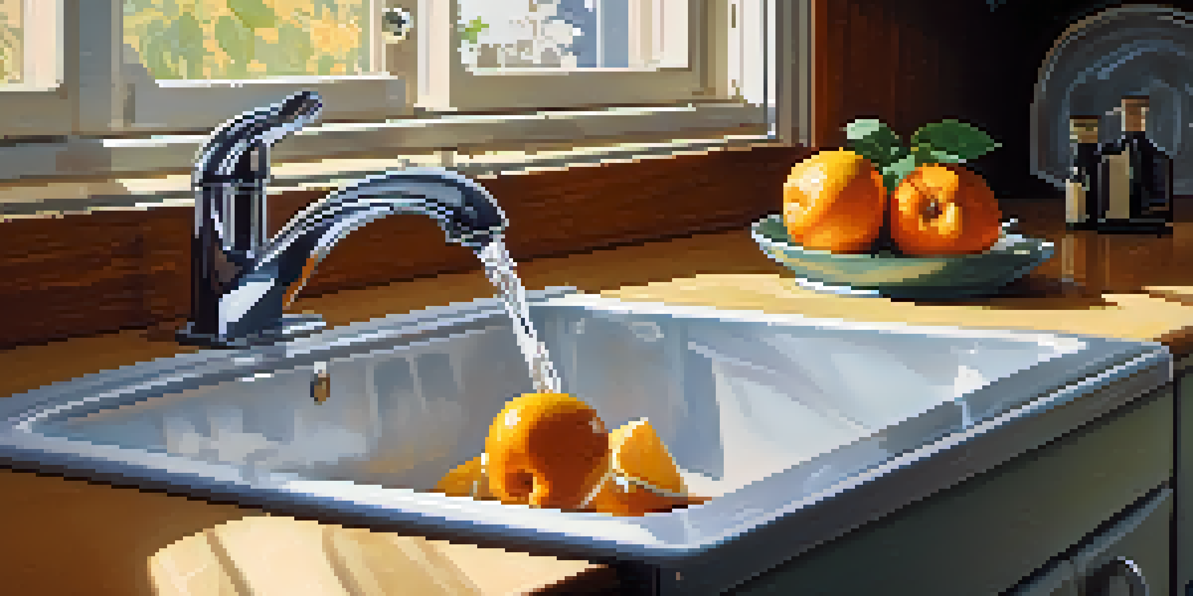 A close-up of a kitchen sink with a shiny faucet and a small drip of water, surrounded by a tidy kitchen with wooden cabinets and fruits on the counter.