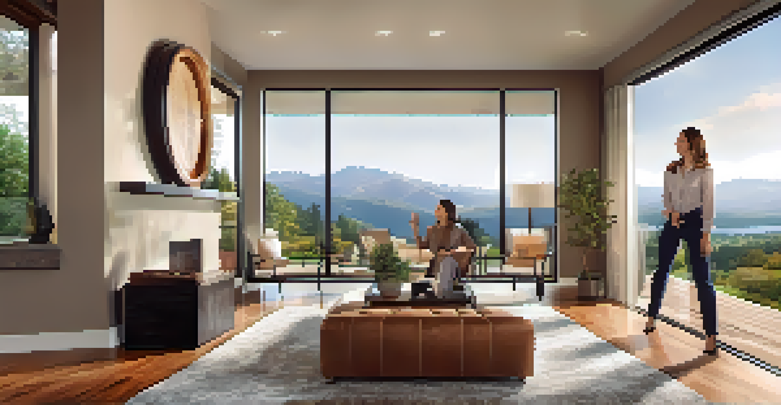 A real estate agent presenting a well-staged home to interested buyers in a bright living room.