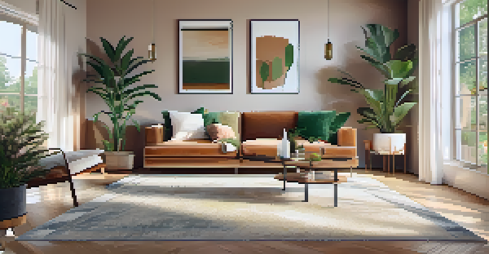A bright and inviting modern living room with large windows, a plush sofa, and houseplants, showcasing warm earth tones and greenery.
