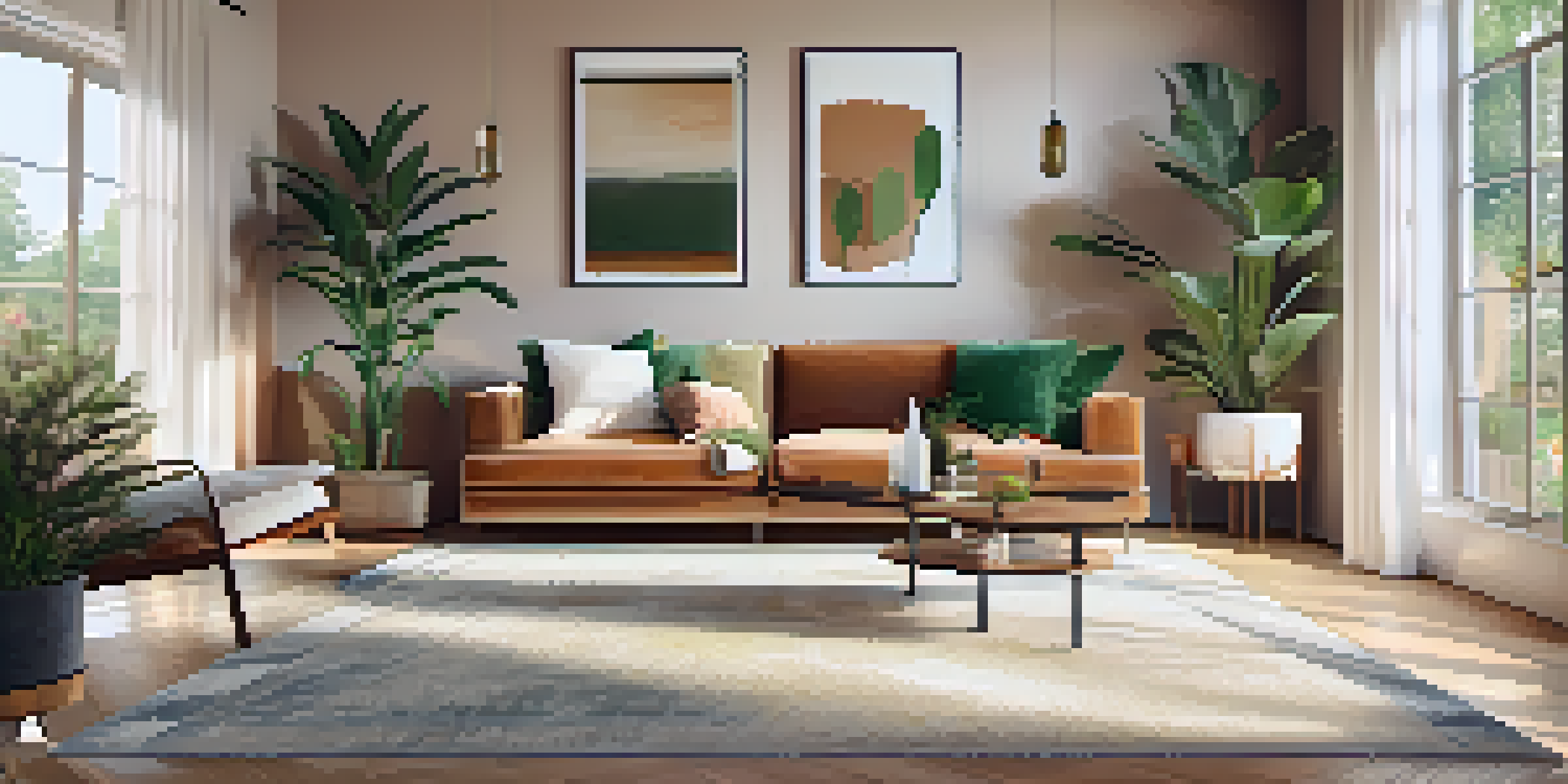 A bright and inviting modern living room with large windows, a plush sofa, and houseplants, showcasing warm earth tones and greenery.