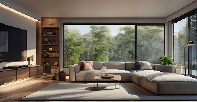 A contemporary living room with a smart home control panel on a coffee table, and a smart thermostat on the wall.