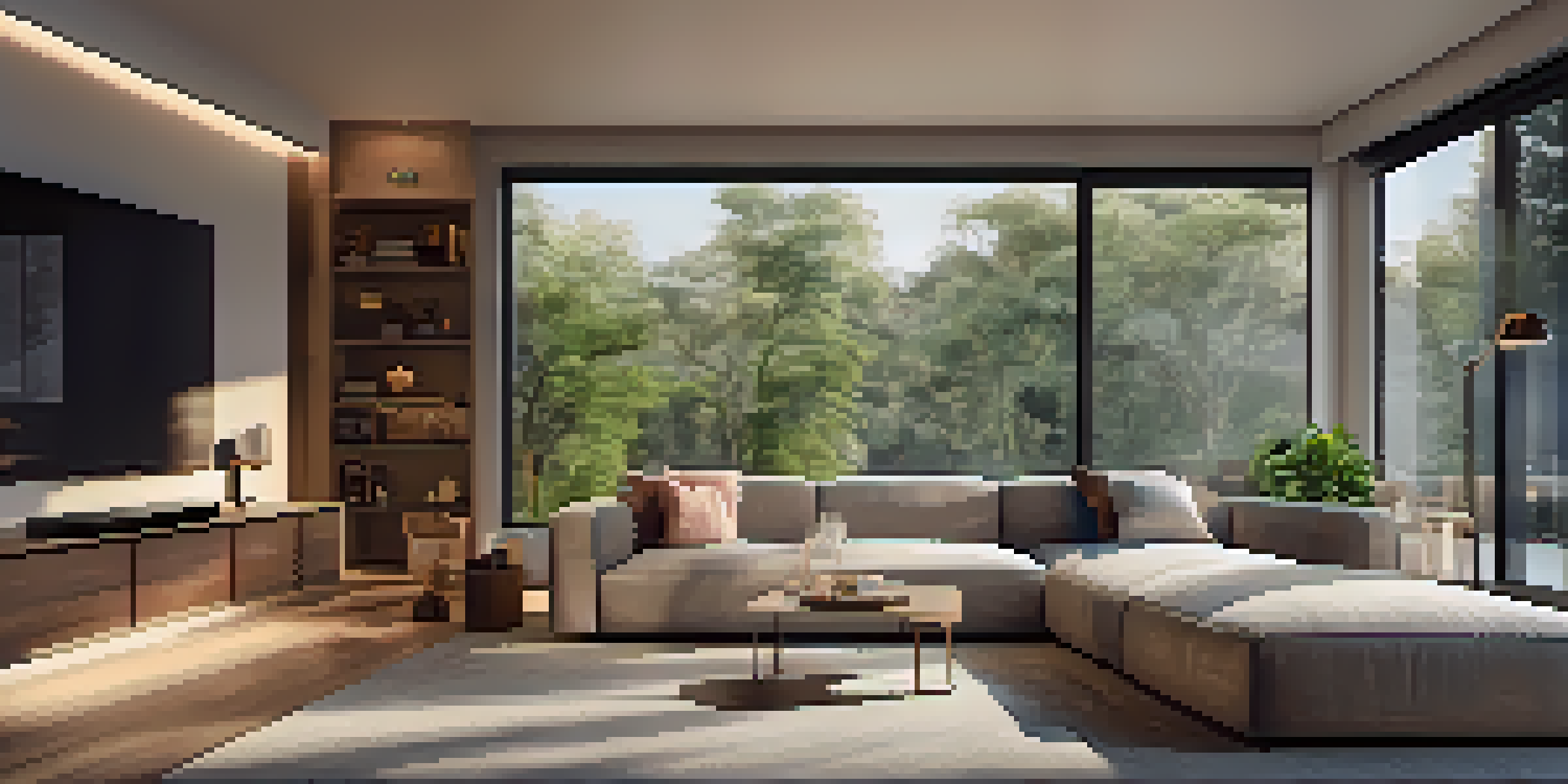 A contemporary living room with a smart home control panel on a coffee table, and a smart thermostat on the wall.