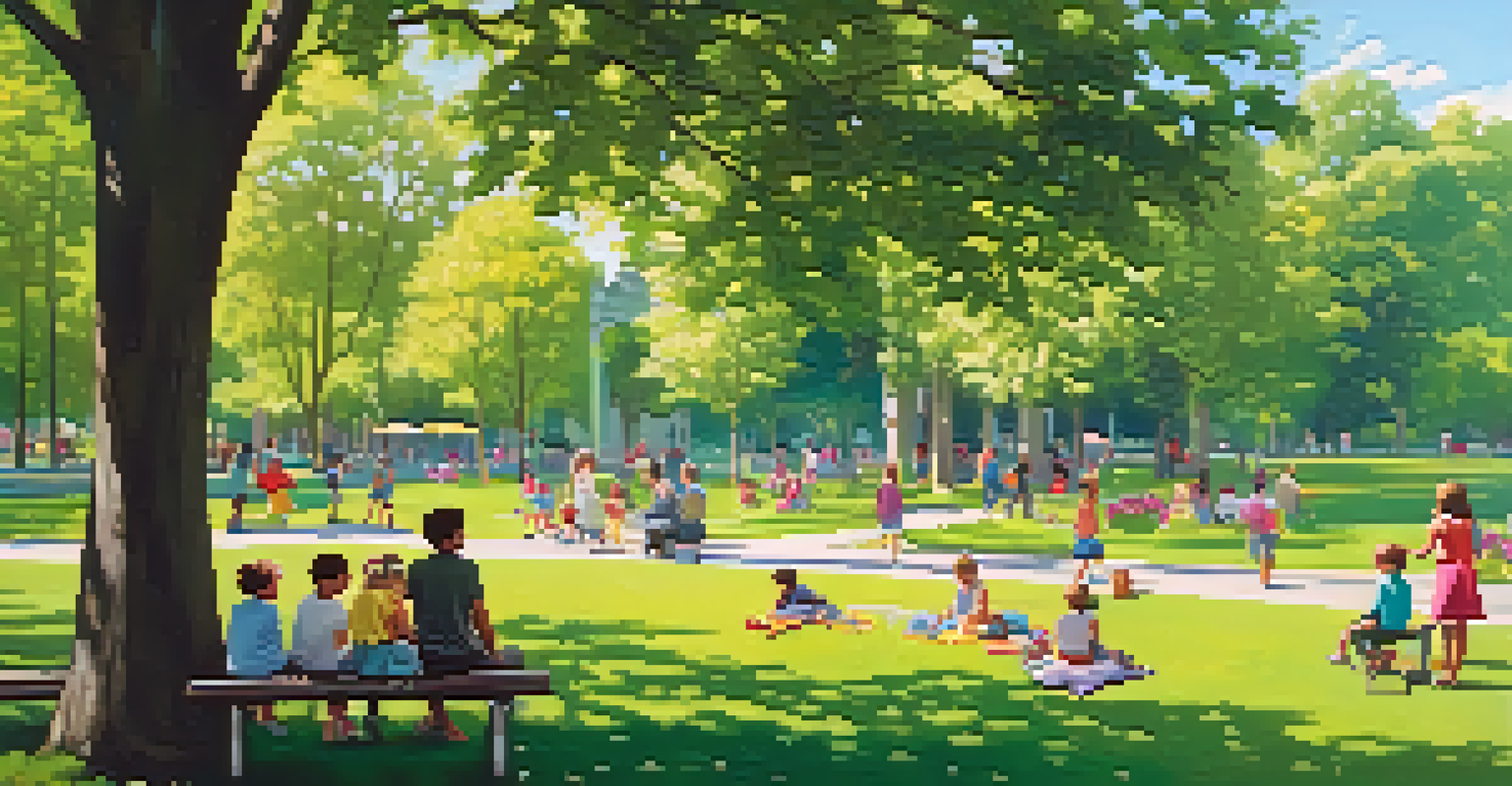 A peaceful park filled with families and children, surrounded by green trees and colorful flowers under a clear sky.