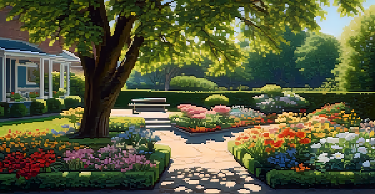 A vibrant spring garden with colorful flowers, a wooden bench, and sunlight filtering through leaves.