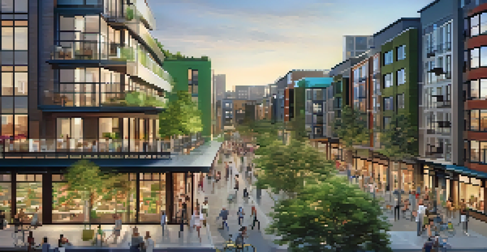 A lively urban area with a mix of residential and commercial buildings, green spaces, and people interacting in a warm evening light.