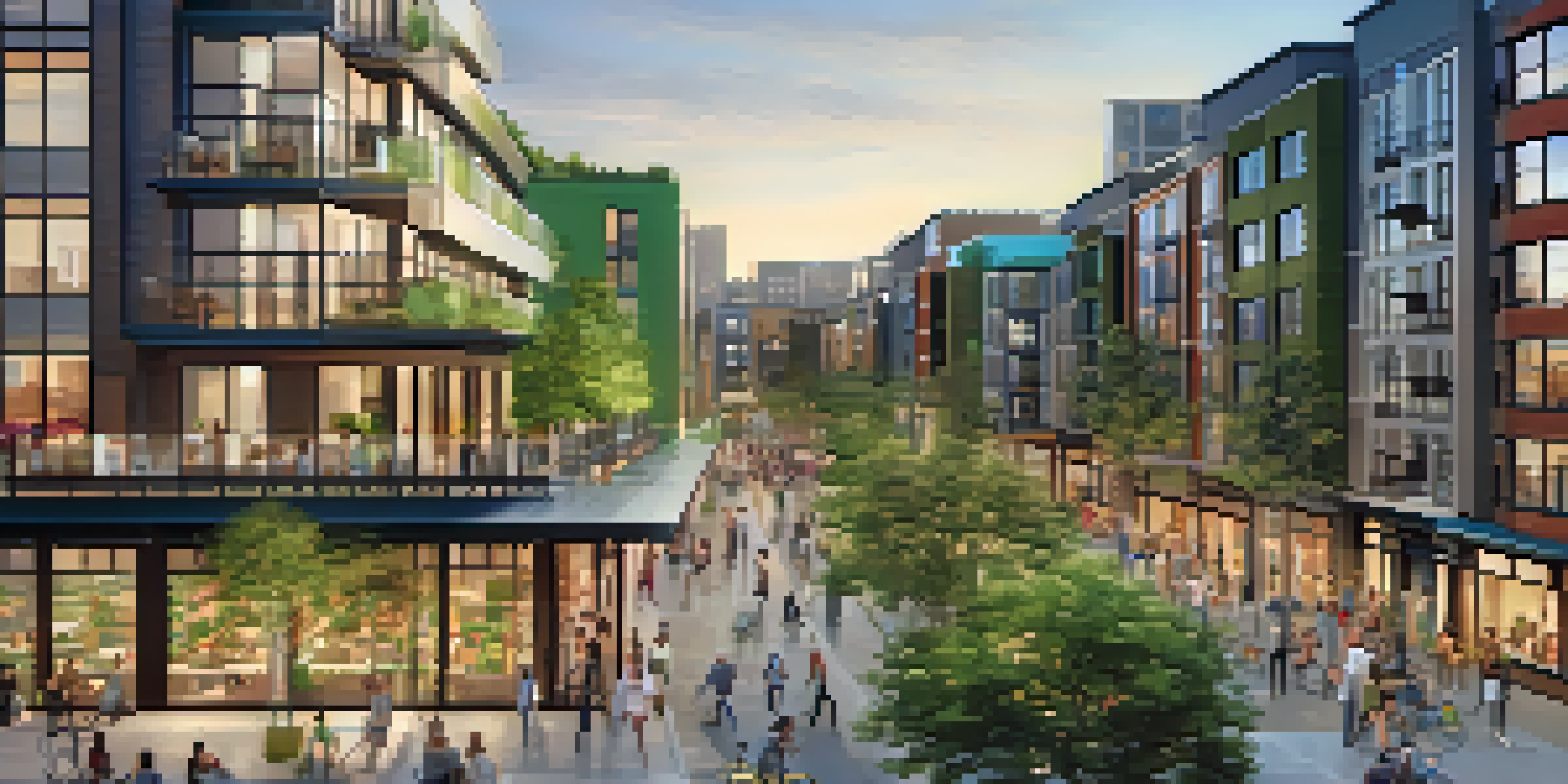A lively urban area with a mix of residential and commercial buildings, green spaces, and people interacting in a warm evening light.
