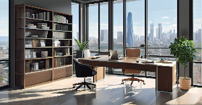 A modern real estate office with a desk, laptop, property listings, and a view of the city skyline through a large window.