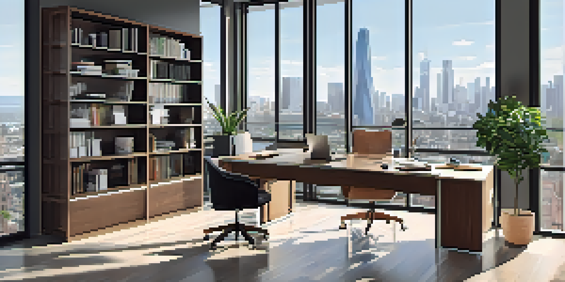 A modern real estate office with a desk, laptop, property listings, and a view of the city skyline through a large window.