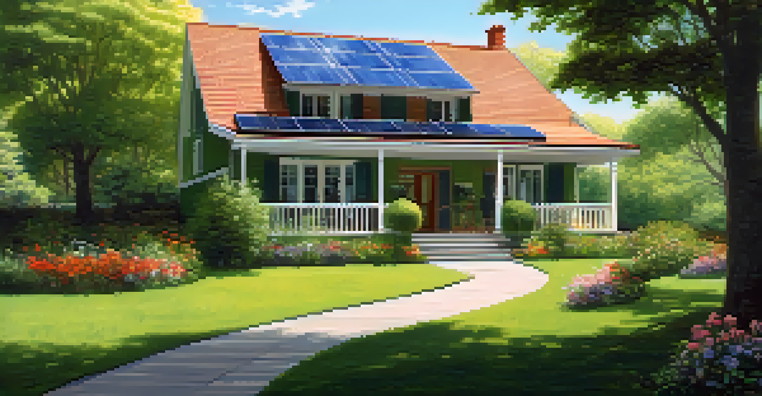 A house with solar panels on the roof surrounded by a green garden and blue sky.