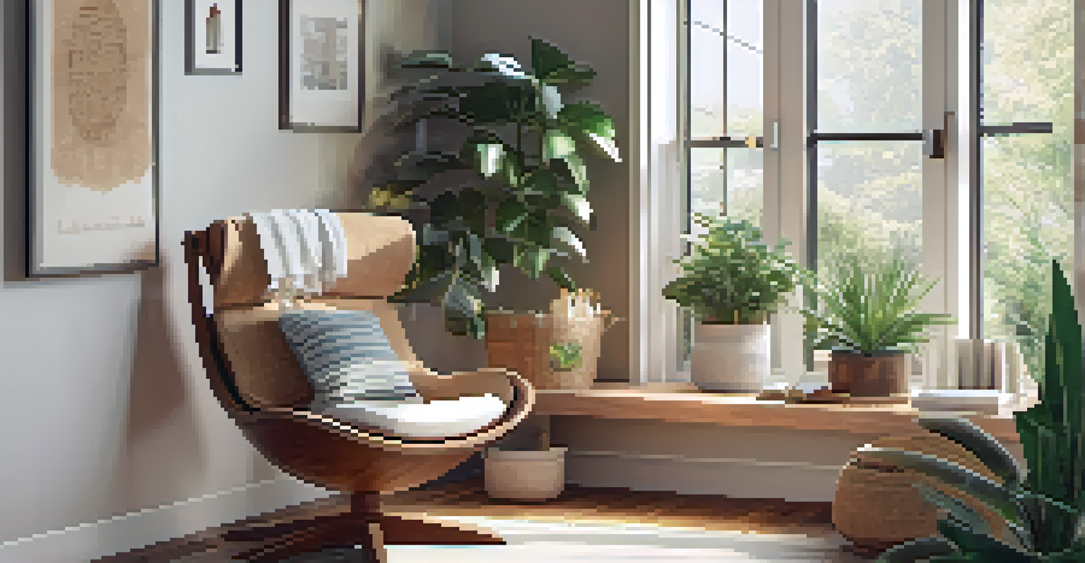 A cozy reading nook with a comfortable chair, indoor plants, and a warm ambiance by a large window.