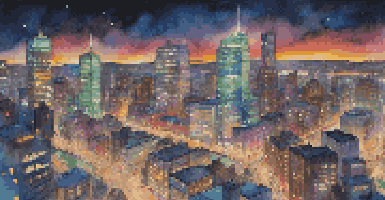 An aerial night view of a vibrant cityscape with illuminated skyscrapers and busy streets.