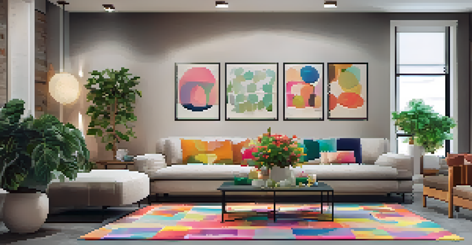 A warm and inviting basement living area with a comfortable sofa, ambient lighting, and decorative plants.