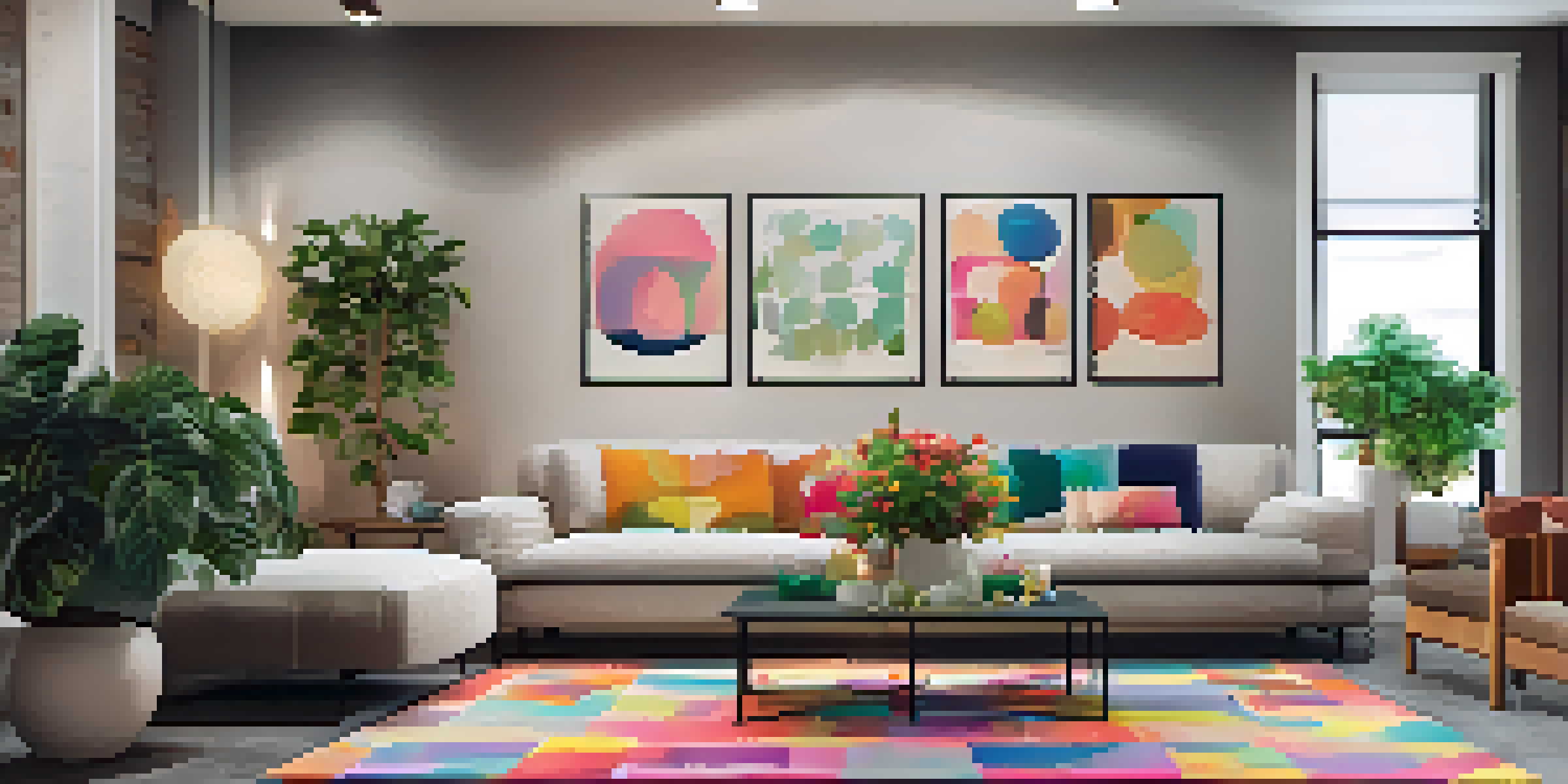 A warm and inviting basement living area with a comfortable sofa, ambient lighting, and decorative plants.