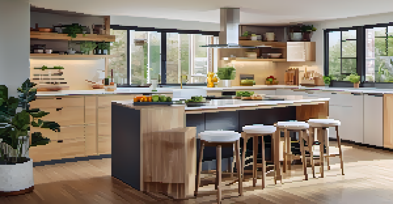 A modern kitchen with adjustable-height countertops, open layout, and family members cooking together.