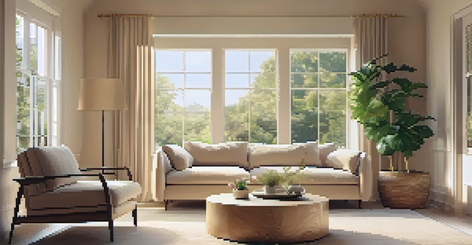 A cozy living room with a soft beige rounded sofa and a natural wood circular coffee table, warmly lit by sunlight, surrounded by potted plants.