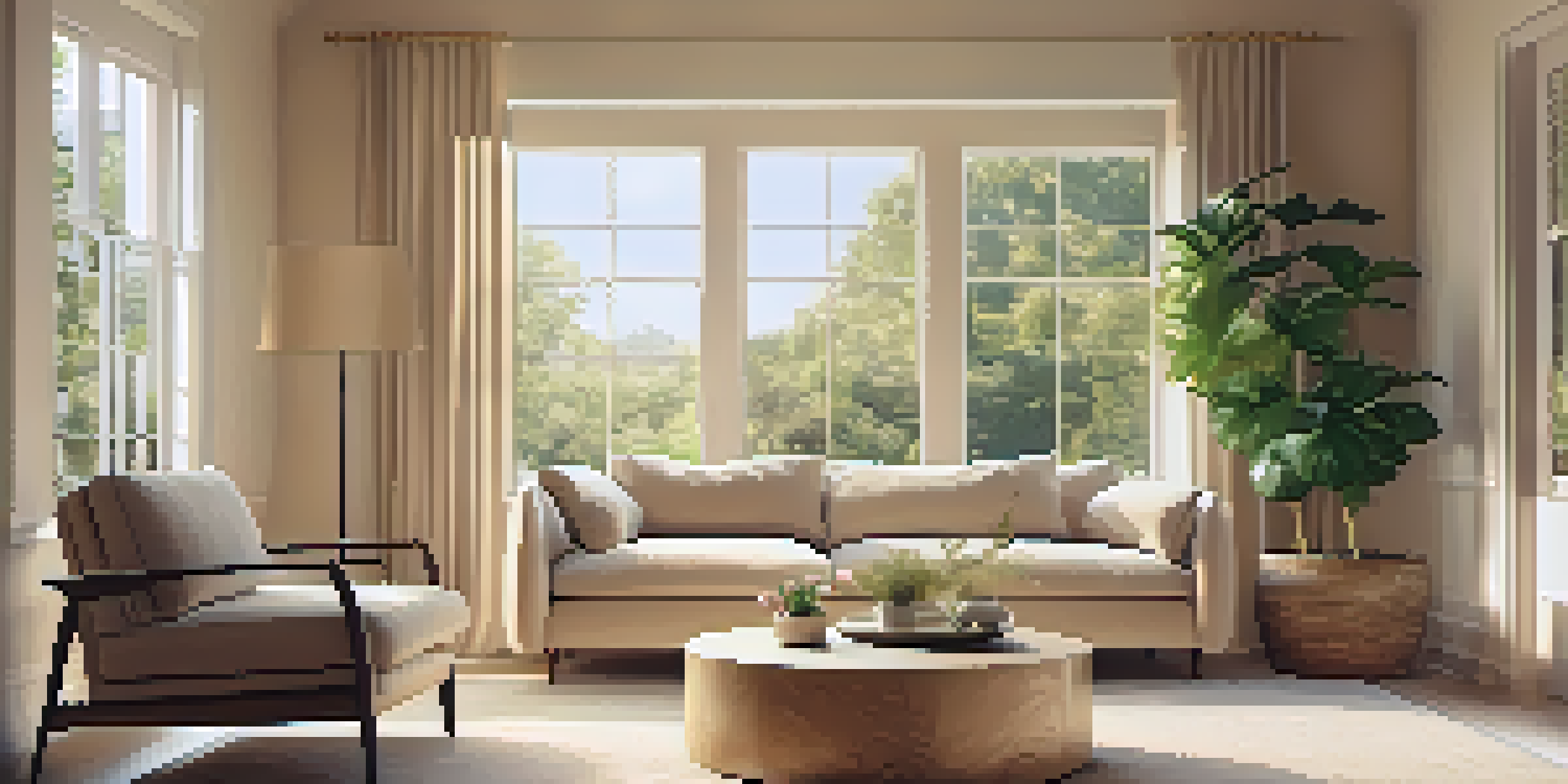 A cozy living room with a soft beige rounded sofa and a natural wood circular coffee table, warmly lit by sunlight, surrounded by potted plants.