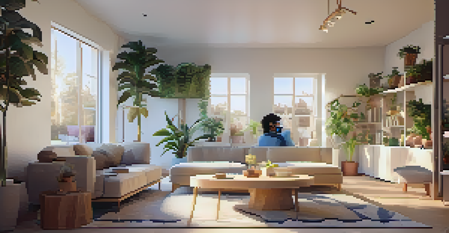 A person using virtual reality goggles in a stylish living room, exploring a 3D house model.