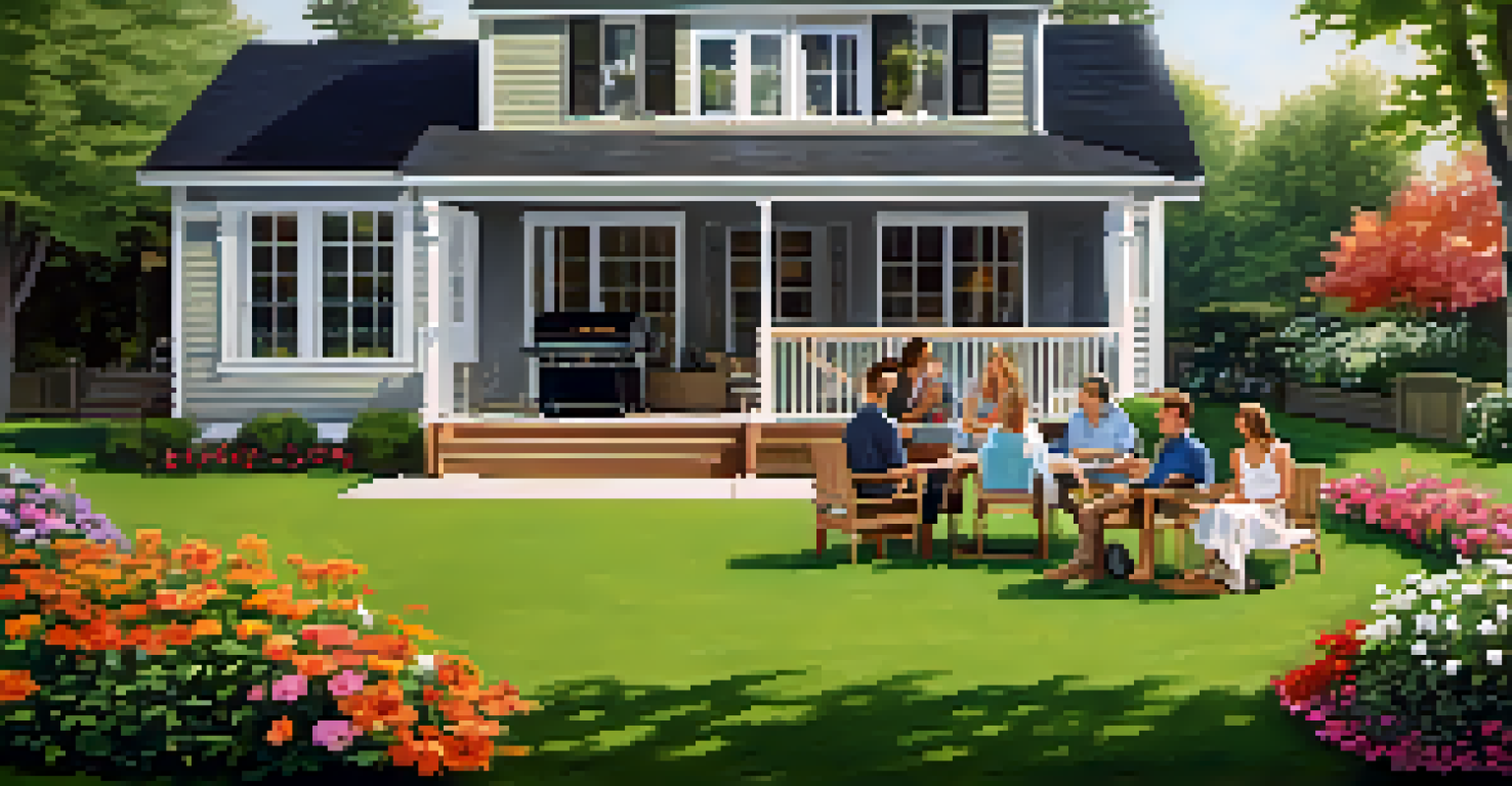 A serene backyard with a deck, lawn, and family enjoying time together, representing homeownership happiness.