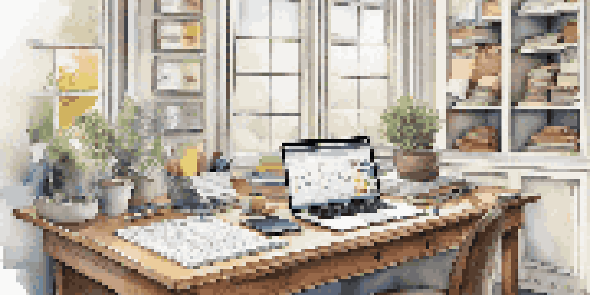 A well-organized workspace with a home renovation budget on a wooden desk, accompanied by a calculator, laptop, and home renovation materials, illuminated by natural light.