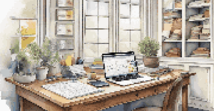 A well-organized workspace with a home renovation budget on a wooden desk, accompanied by a calculator, laptop, and home renovation materials, illuminated by natural light.