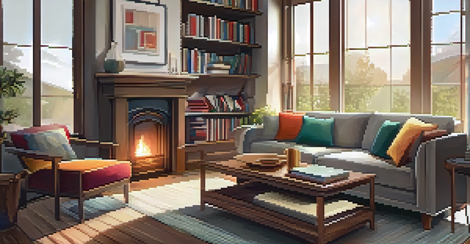 A warm and cozy living room with a fireplace, a plush sofa, and natural light coming through large windows.