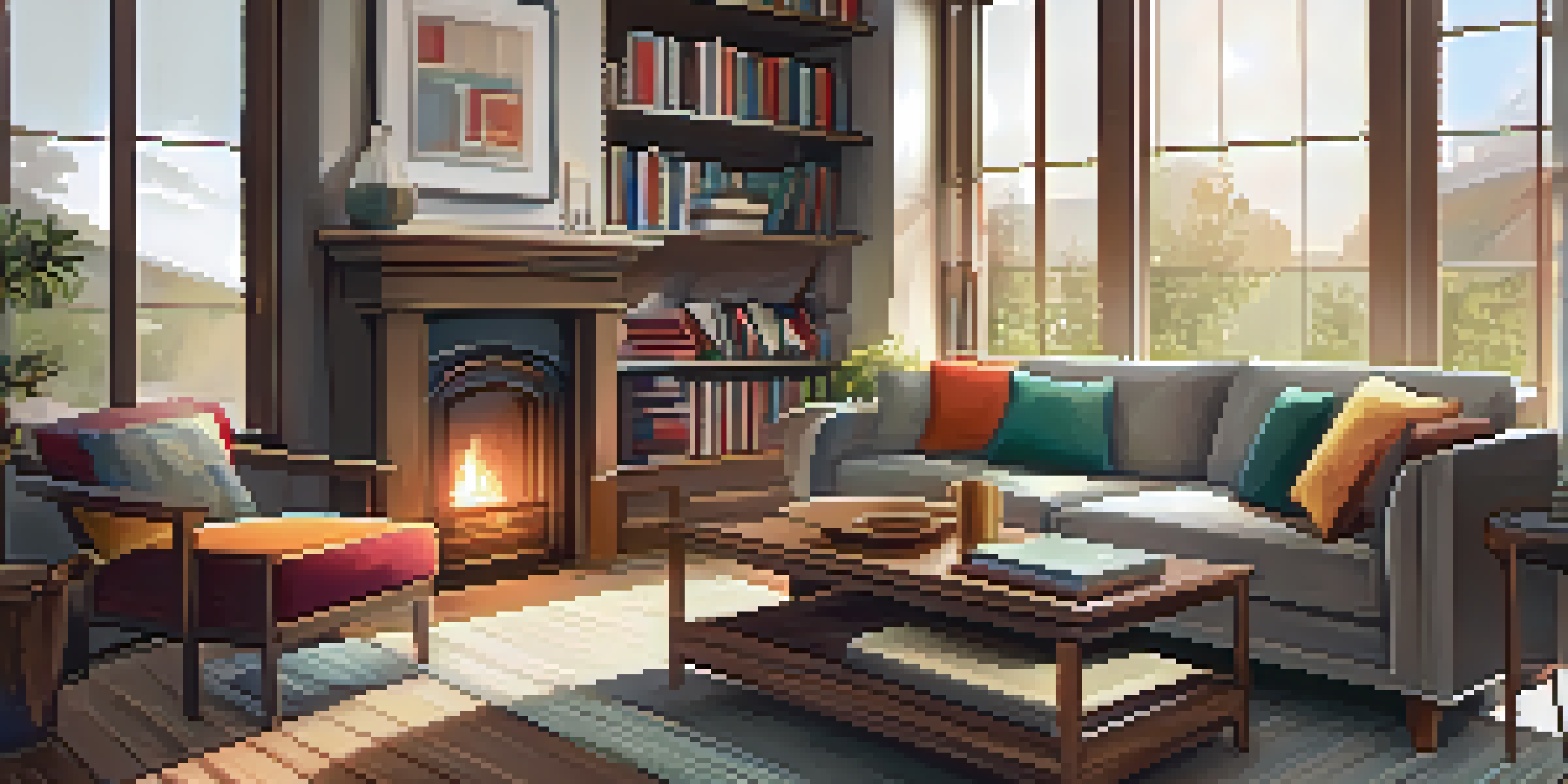 A warm and cozy living room with a fireplace, a plush sofa, and natural light coming through large windows.