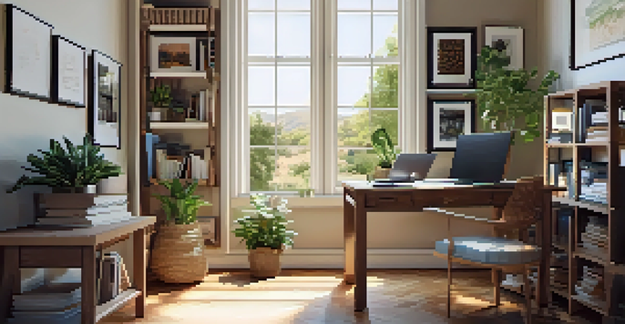A warm and inviting home office with a wooden desk, laptop, books, and a potted plant, illuminated by natural light from a window.