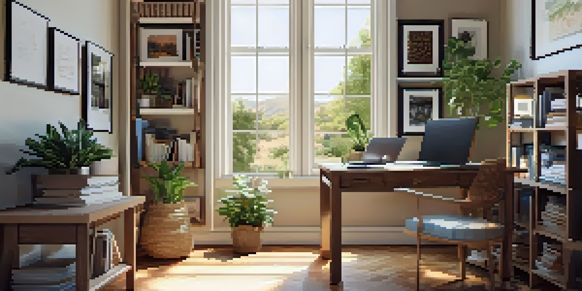 A warm and inviting home office with a wooden desk, laptop, books, and a potted plant, illuminated by natural light from a window.