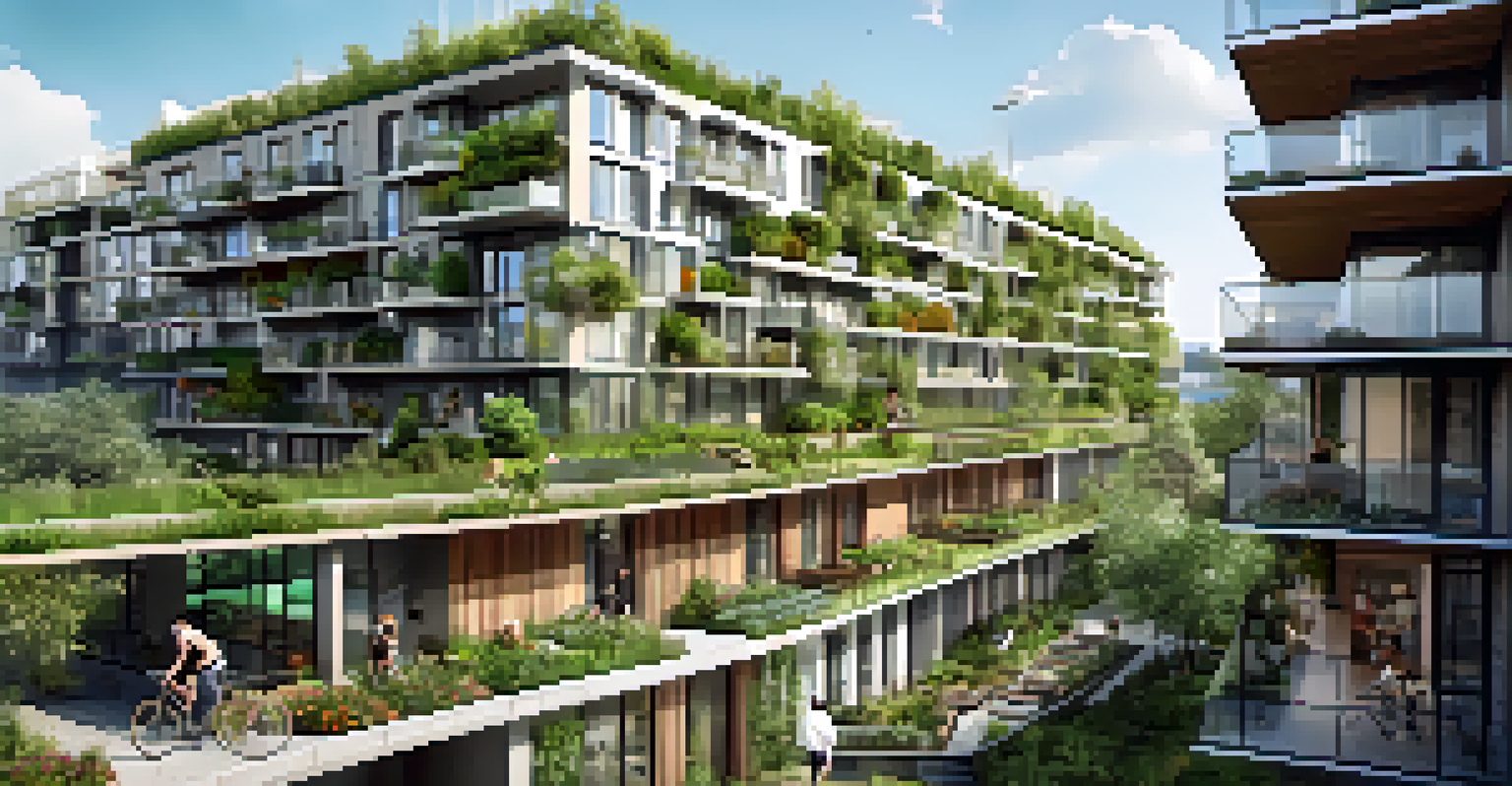 A sustainable apartment complex in an urban area, with green roofs and people enjoying a communal garden, highlighting eco-friendly living.