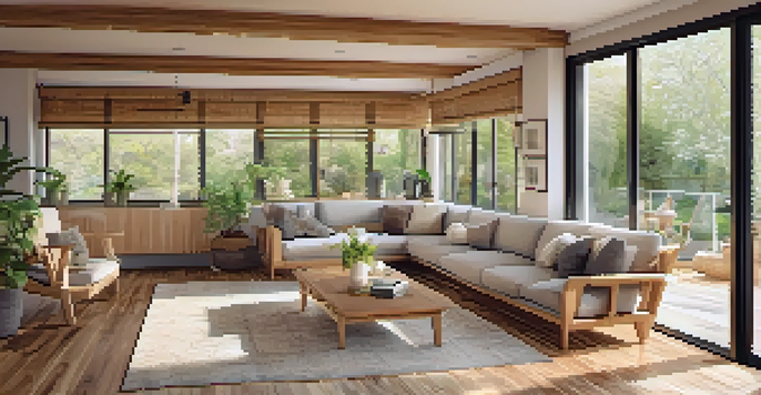 A bright living room with bamboo flooring and warm sunlight, furnished with neutral-colored furniture and potted plants.