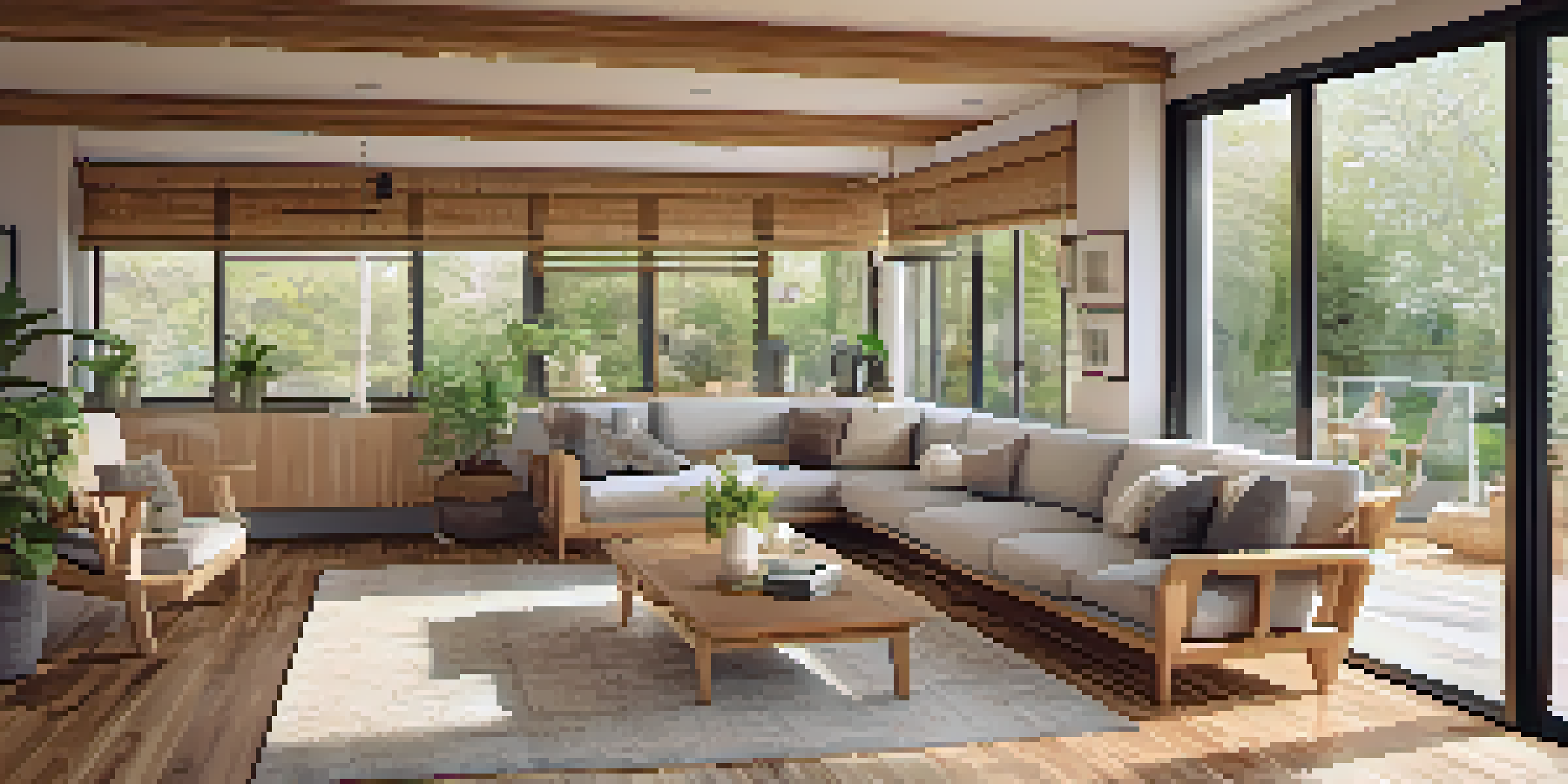 A bright living room with bamboo flooring and warm sunlight, furnished with neutral-colored furniture and potted plants.