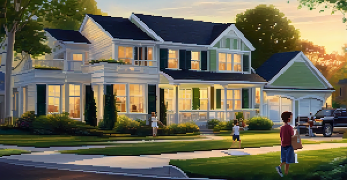 A suburban neighborhood at sunset with a family discussing HOA rules.